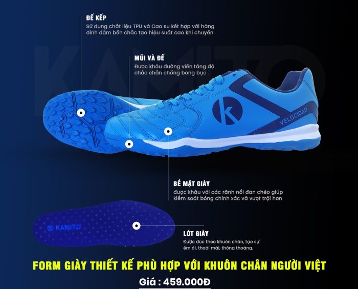 Giày bóng đá Kamito Velocidad màu xanh 2019 chuyên đá sân cỏ nhân tạo