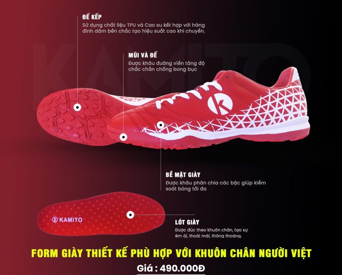 Giày bóng đá Kamito màu đỏ 2019 chuyên đá sân cỏ nhân tạo